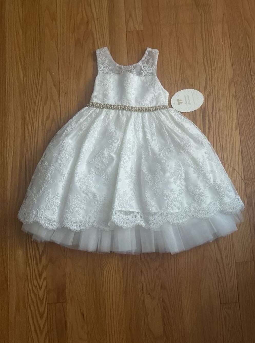 American Princess White Lace Formal Girl Dress with Pearl Belt